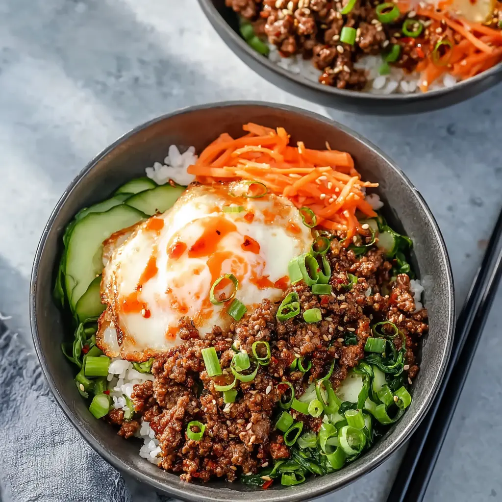 Korean Ground Beef Rice Bowl recipe, served and ready to eat, easy homemade dinner