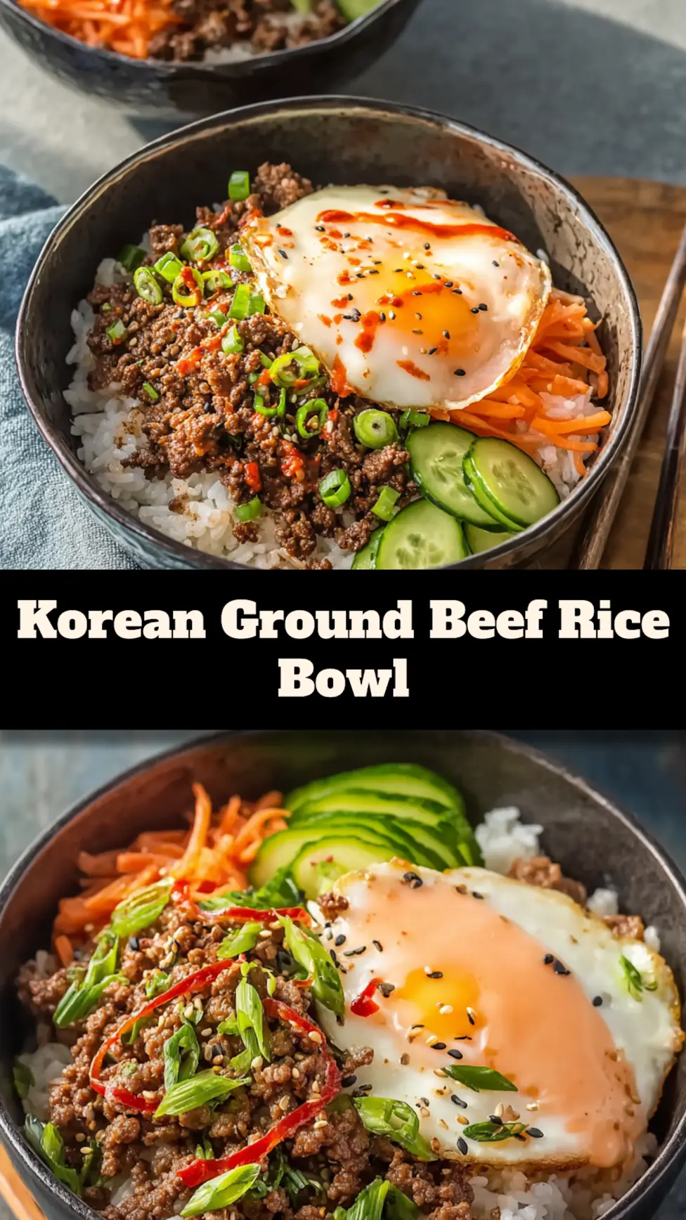 Korean Ground Beef Rice Bowl recipe, served and ready to eat, easy homemade dinner_pin