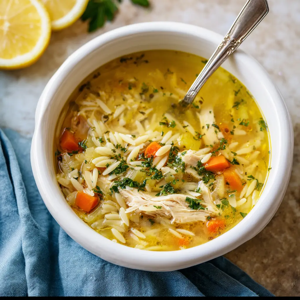 Lemon Chicken Orzo Soup recipe, served and ready to eat, easy homemade dinner