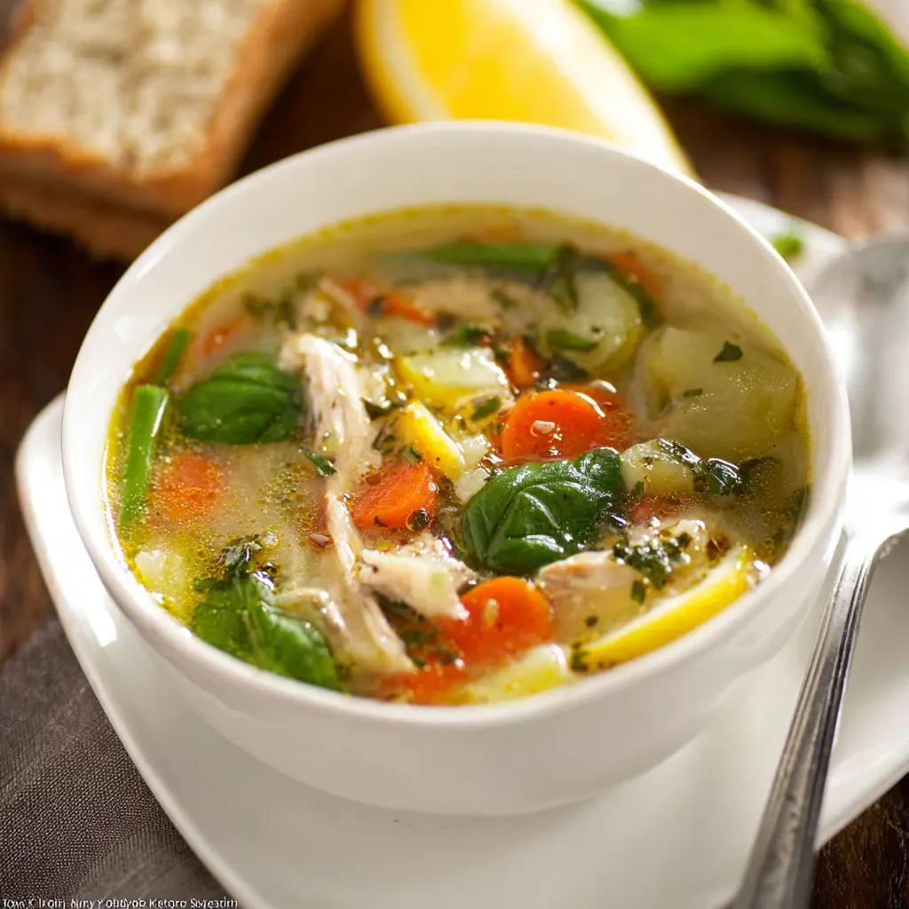Copycat Panera Lemon Chicken Soup in a bowl, bright and cozy homemade dinner