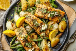 Lemon Garlic Salmon Sheet Pan recipe, served and ready to eat, easy homemade dinner