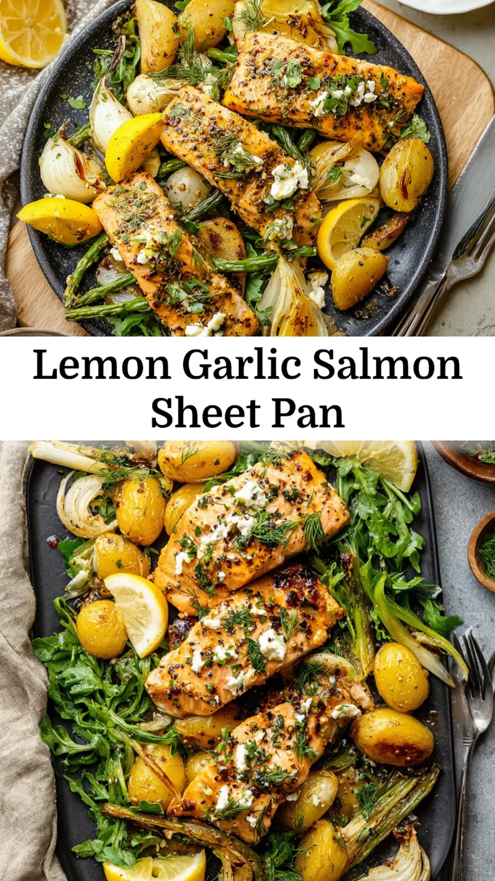 Lemon Garlic Salmon Sheet Pan recipe, served and ready to eat, easy homemade dinner
