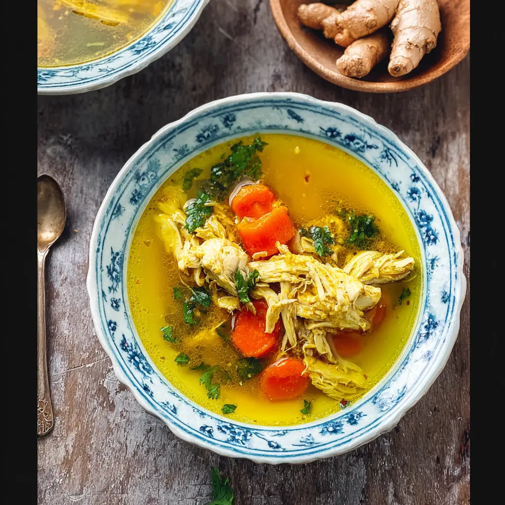 Lemon Ginger Turmeric Chicken Soup recipe, served and ready to eat, easy homemade dish