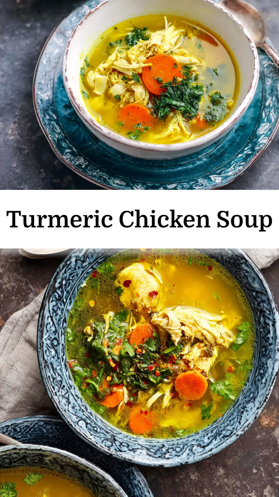 Lemon Ginger Turmeric Chicken Soup recipe, served and ready to eat, easy homemade dish_pin