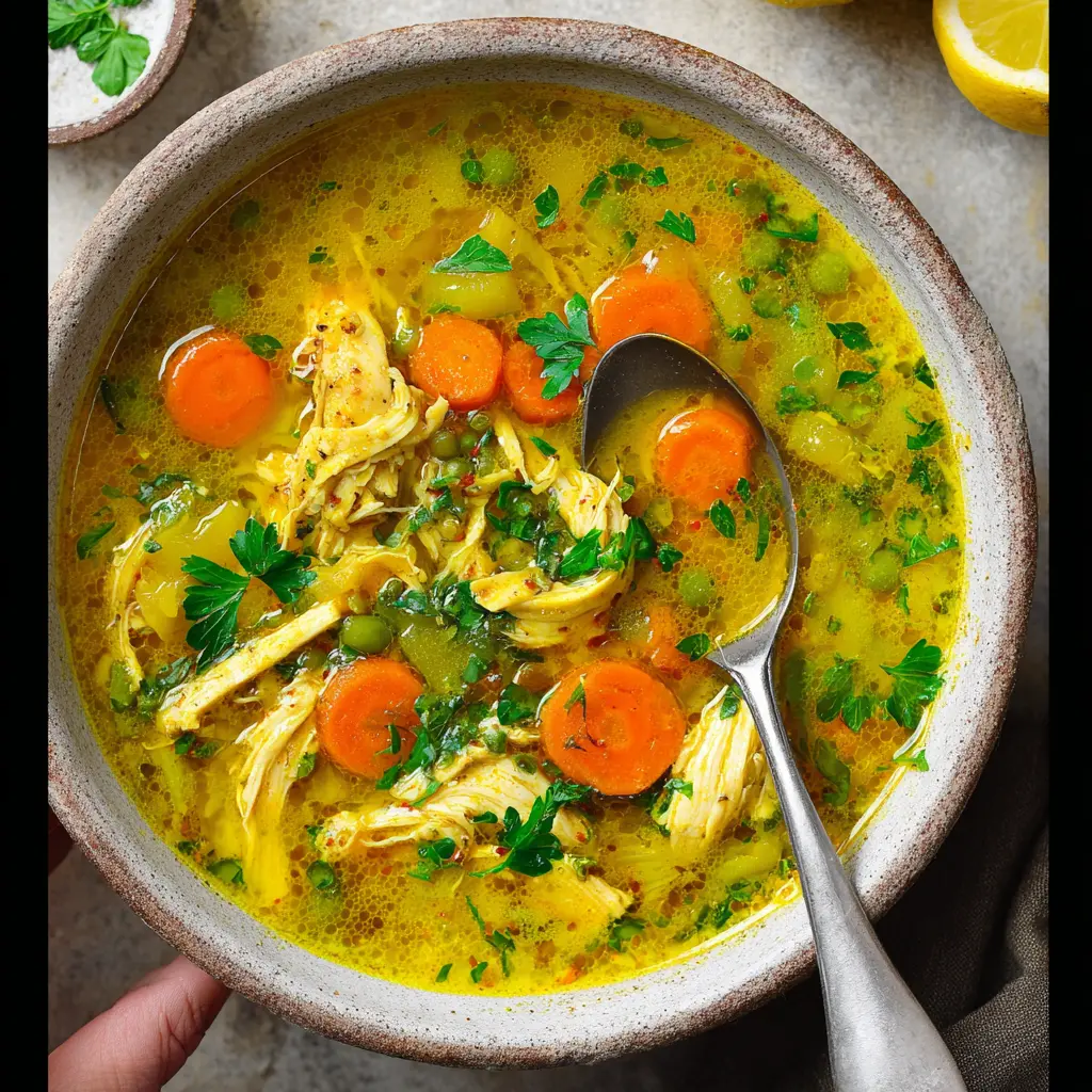 Lemon Turmeric Chicken Soup recipe, served and ready to eat, easy homemade dinner