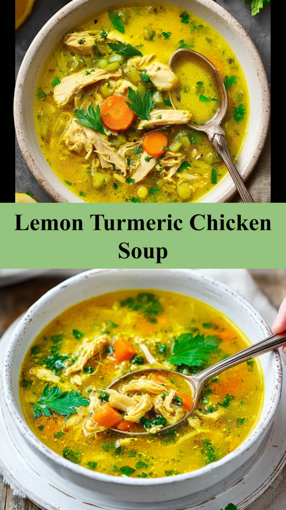 Lemon Turmeric Chicken Soup recipe, served and ready to eat, easy homemade dinner