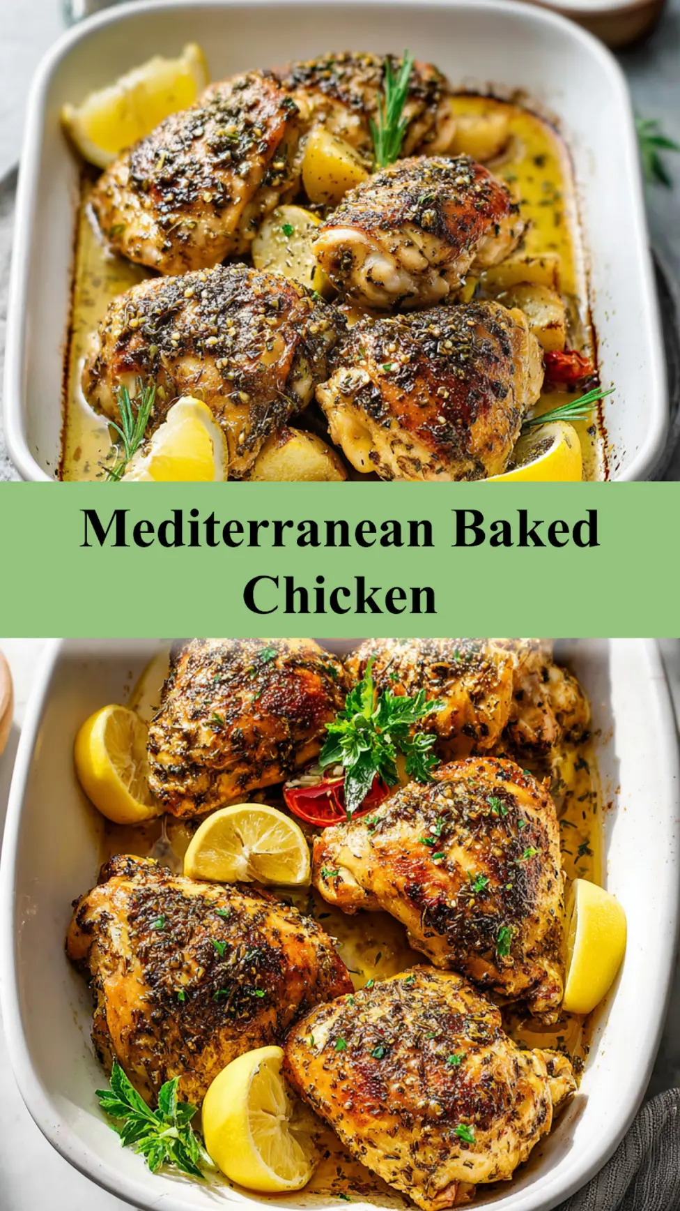 Mediterranean Baked Chicken Lemon Herb recipe, served and ready to eat, easy homemade dish
