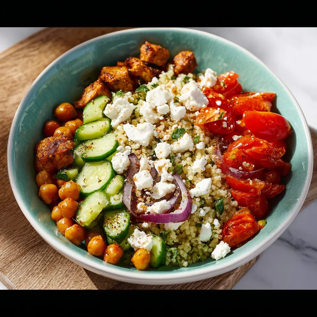 Mediterranean Bowl with cucumber and feta, assembled and ready to serve