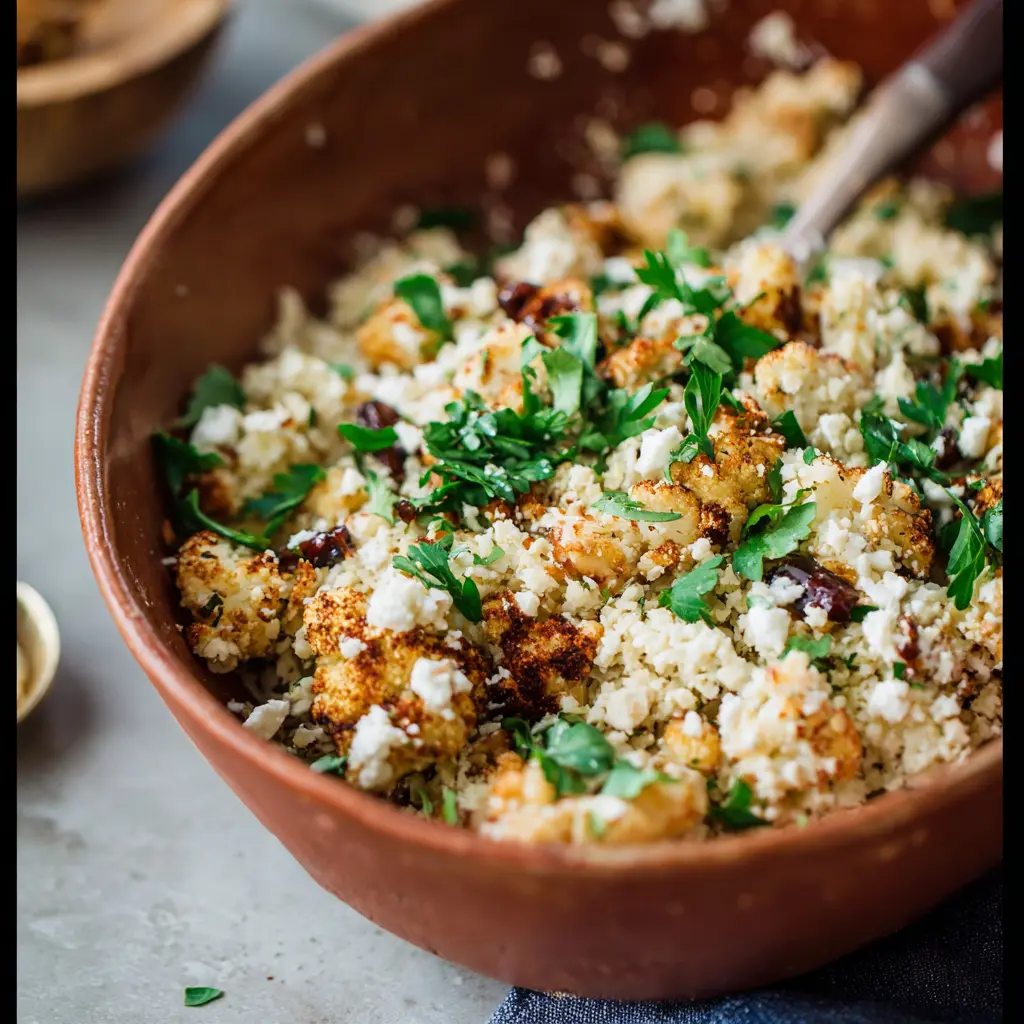 Mediterranean Cauliflower Rice Bowl recipe, served and ready to eat, easy homemade dinner