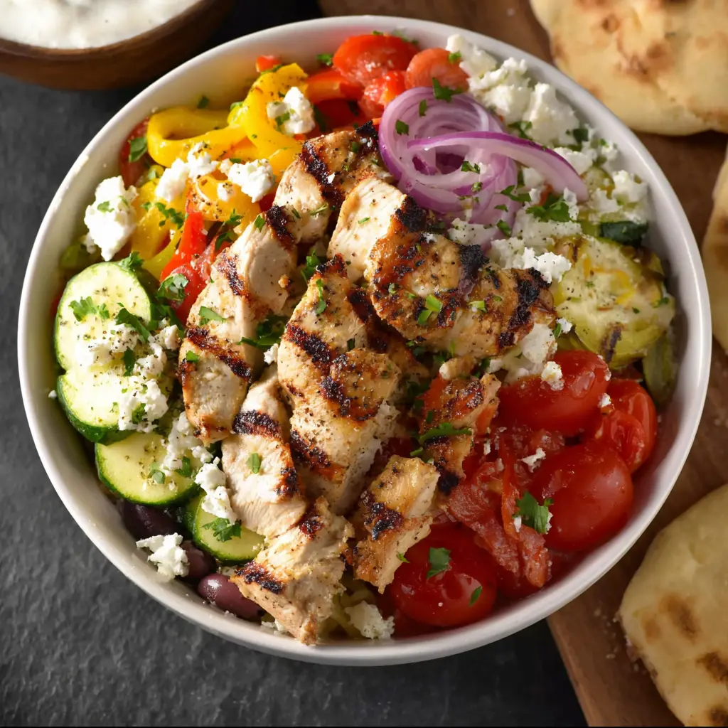 Mediterranean Chicken Souvlaki Bowl recipe, served and ready to eat, easy homemade dinner