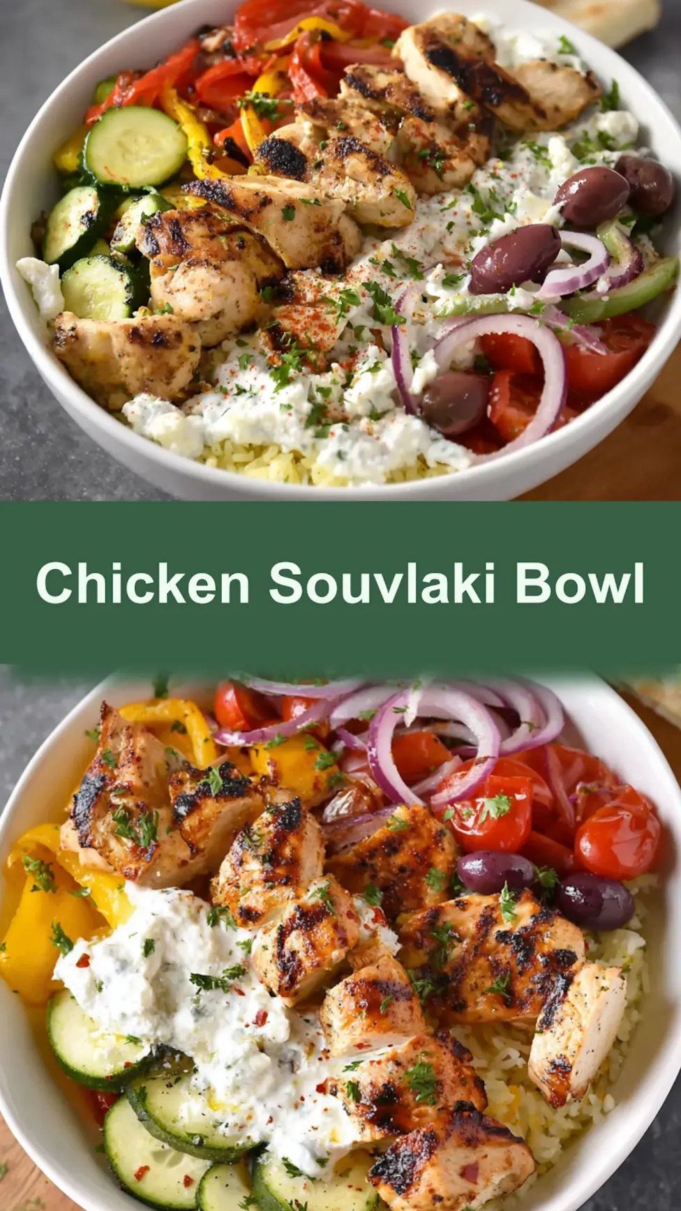 Mediterranean Chicken Souvlaki Bowl recipe, served and ready to eat, easy homemade dinner_pin