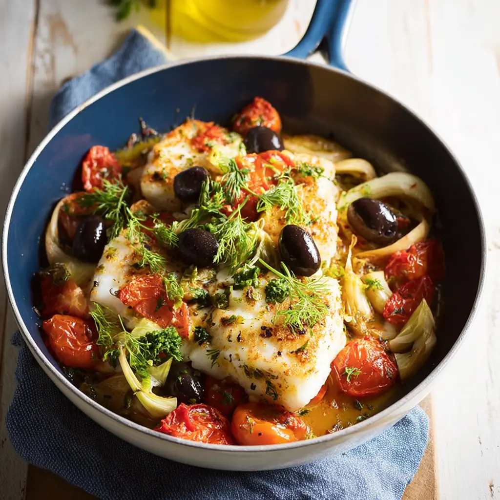 Mediterranean Cod Fennel Olives recipe, served and ready to eat, easy homemade dish