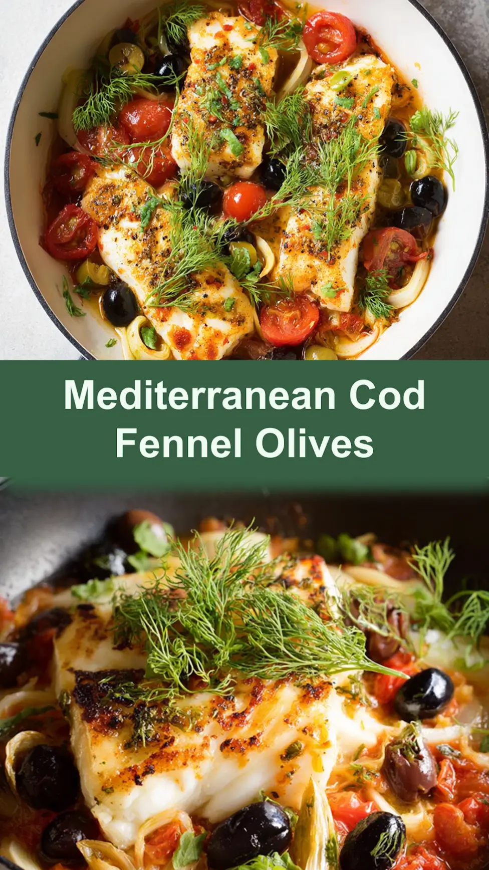 Mediterranean Cod Fennel Olives recipe, served and ready to eat, easy homemade dish_pin
