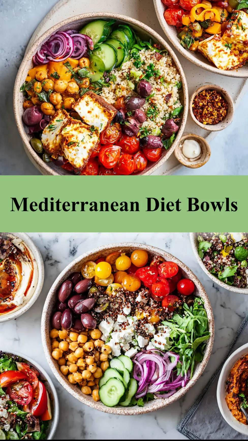 Mediterranean Diet Bowls recipe, served and ready to eat, easy homemade dinner_pin