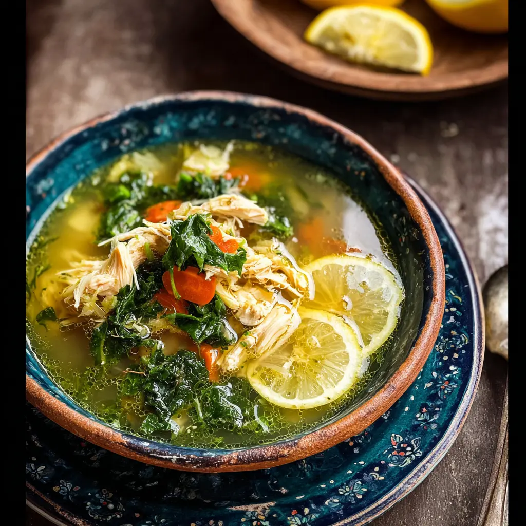 Mediterranean Lemon Chicken Soup recipe, served and ready to eat, easy homemade dish