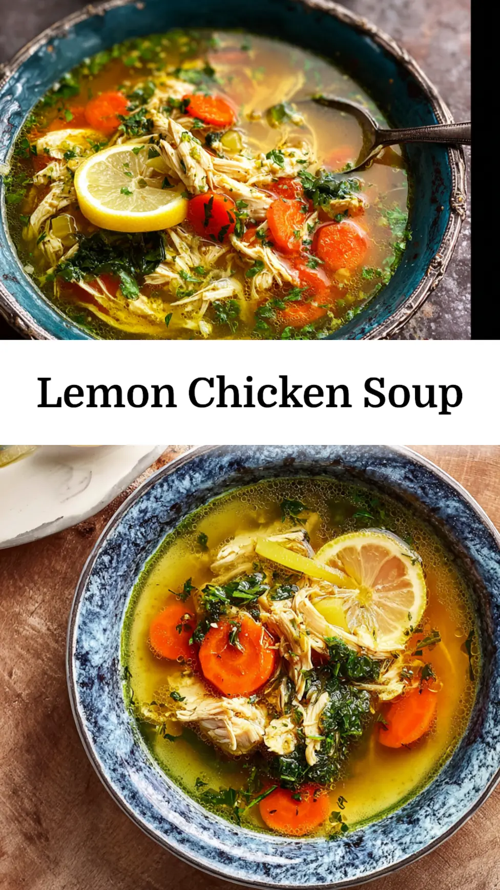 Mediterranean Lemon Chicken Soup recipe, served and ready to eat, easy homemade dish_pin