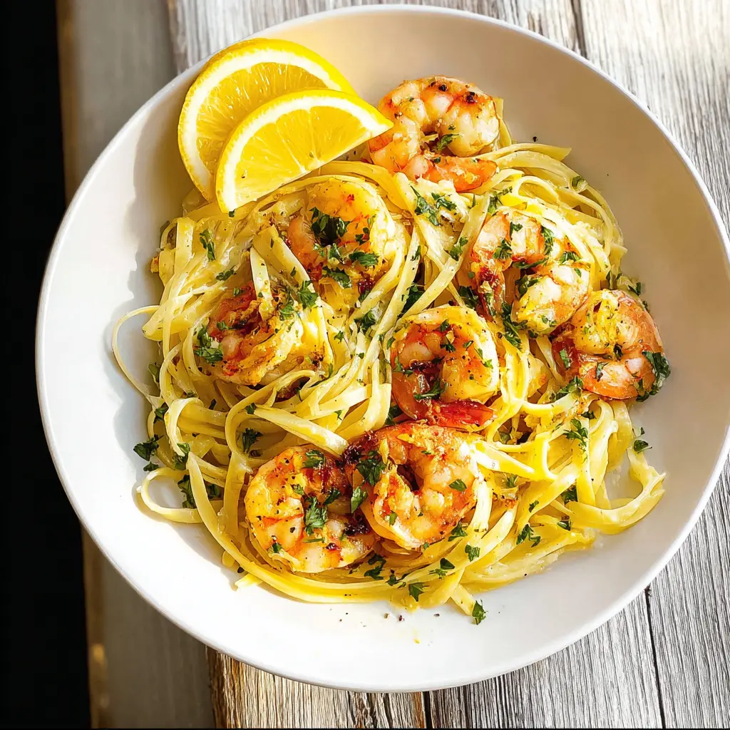 Mediterranean lemon shrimp pasta served in a bowl, easy homemade dinner ready to eat