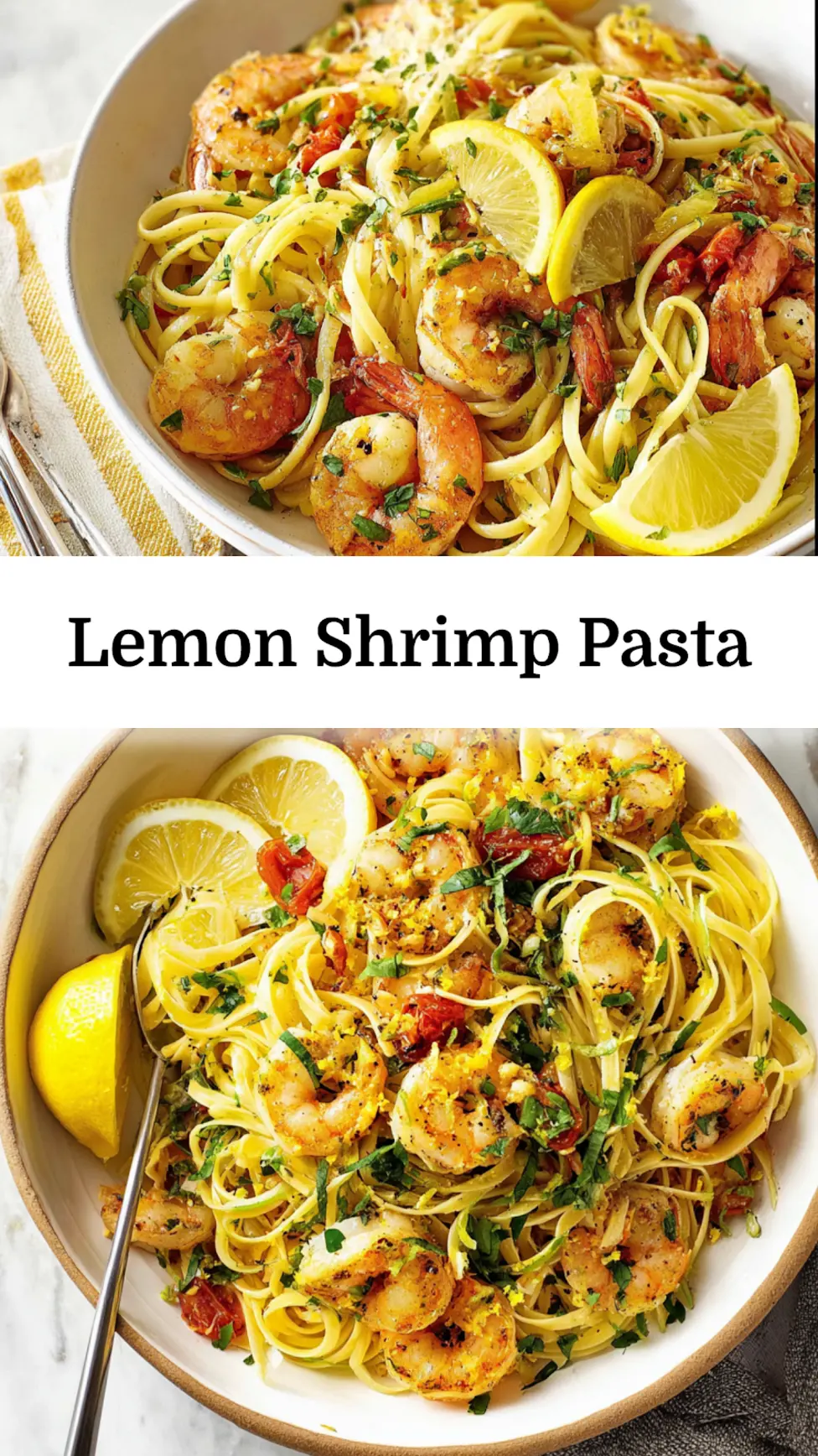 Mediterranean lemon shrimp pasta recipe pin - easy homemade dinner served and ready to eat