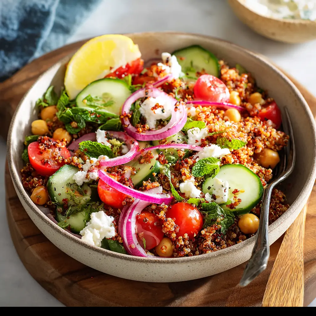 Mediterranean Quinoa Glow Bowl with lemon herb dressing, smoky chickpeas, fresh vegetables, and creamy garlic yogurt sauce