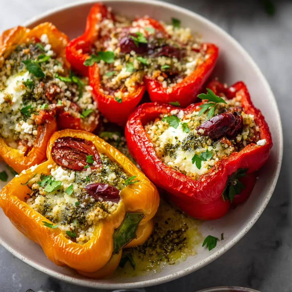 Mediterranean Stuffed Bell Peppers recipe, served and ready to eat, easy homemade dinner