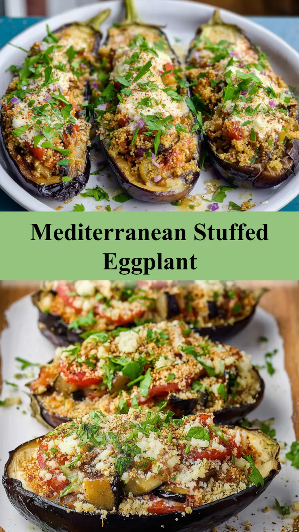 Mediterranean Stuffed Eggplant recipe, served and ready to eat, easy homemade dinner_pin