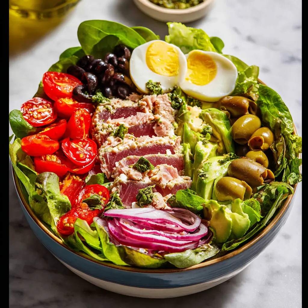 Mediterranean Tuna Nicoise Bowl served on a platter, ready to eat
