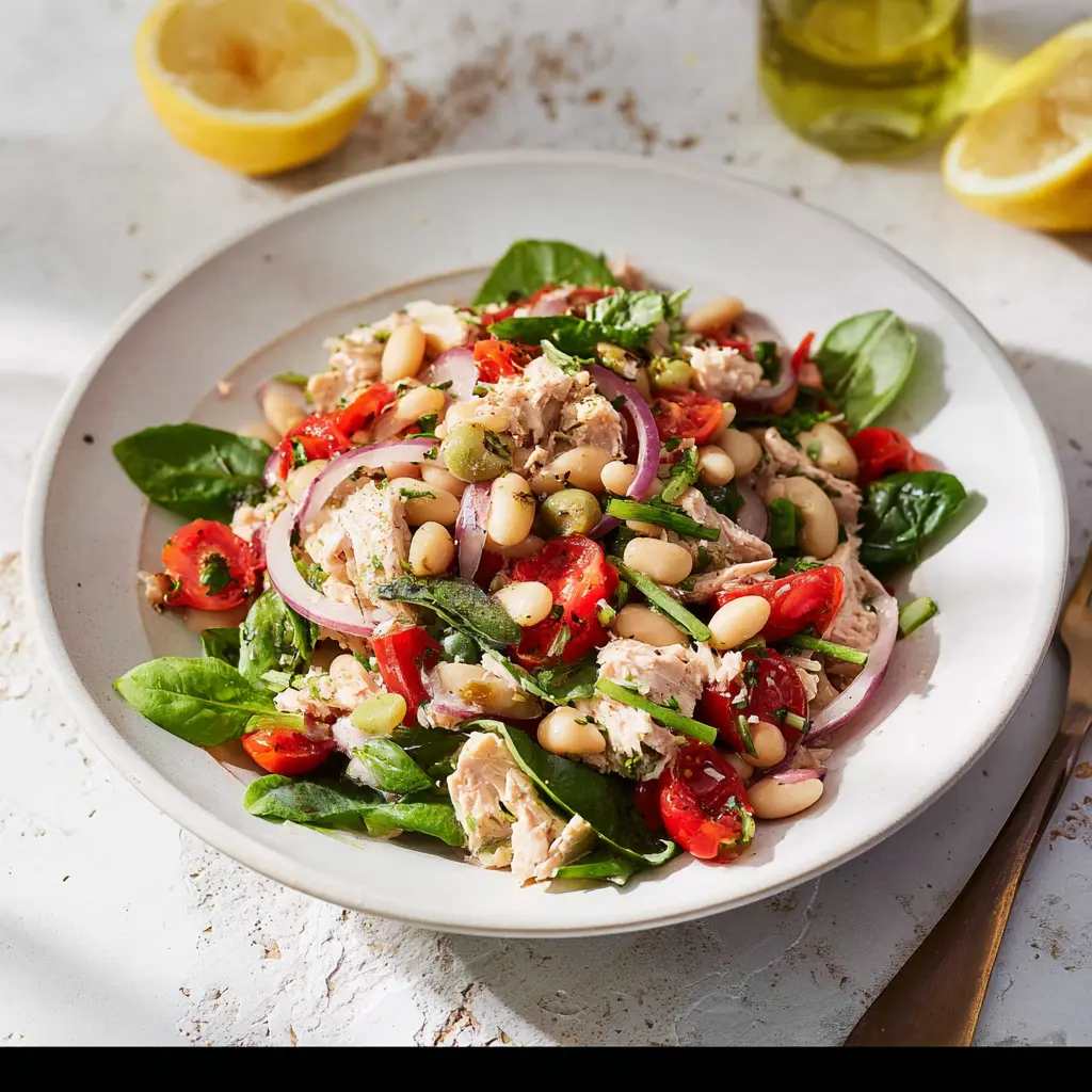 Mediterranean Tuna White Bean Salad served and ready to eat, easy homemade dinner
