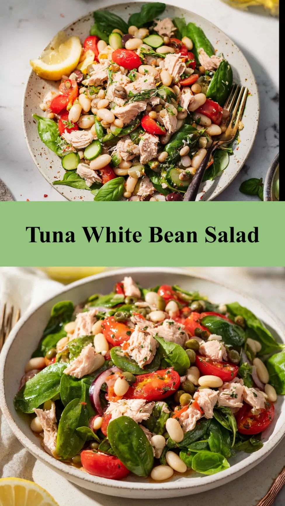 Mediterranean Tuna White Bean Salad served and ready to eat, easy homemade dinner