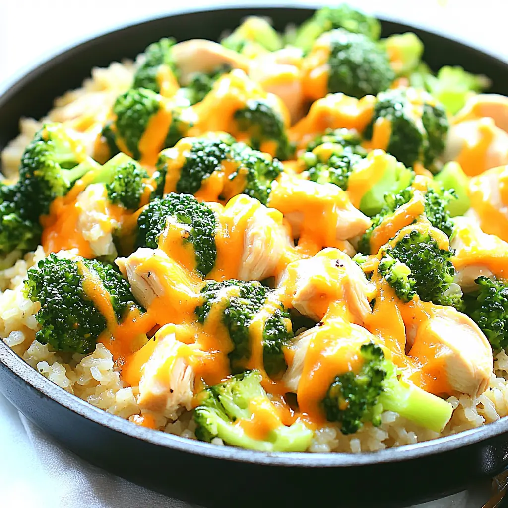 ONE PAN CHICKEN RICE BROCCOLI recipe, served and ready to eat, easy homemade dinner