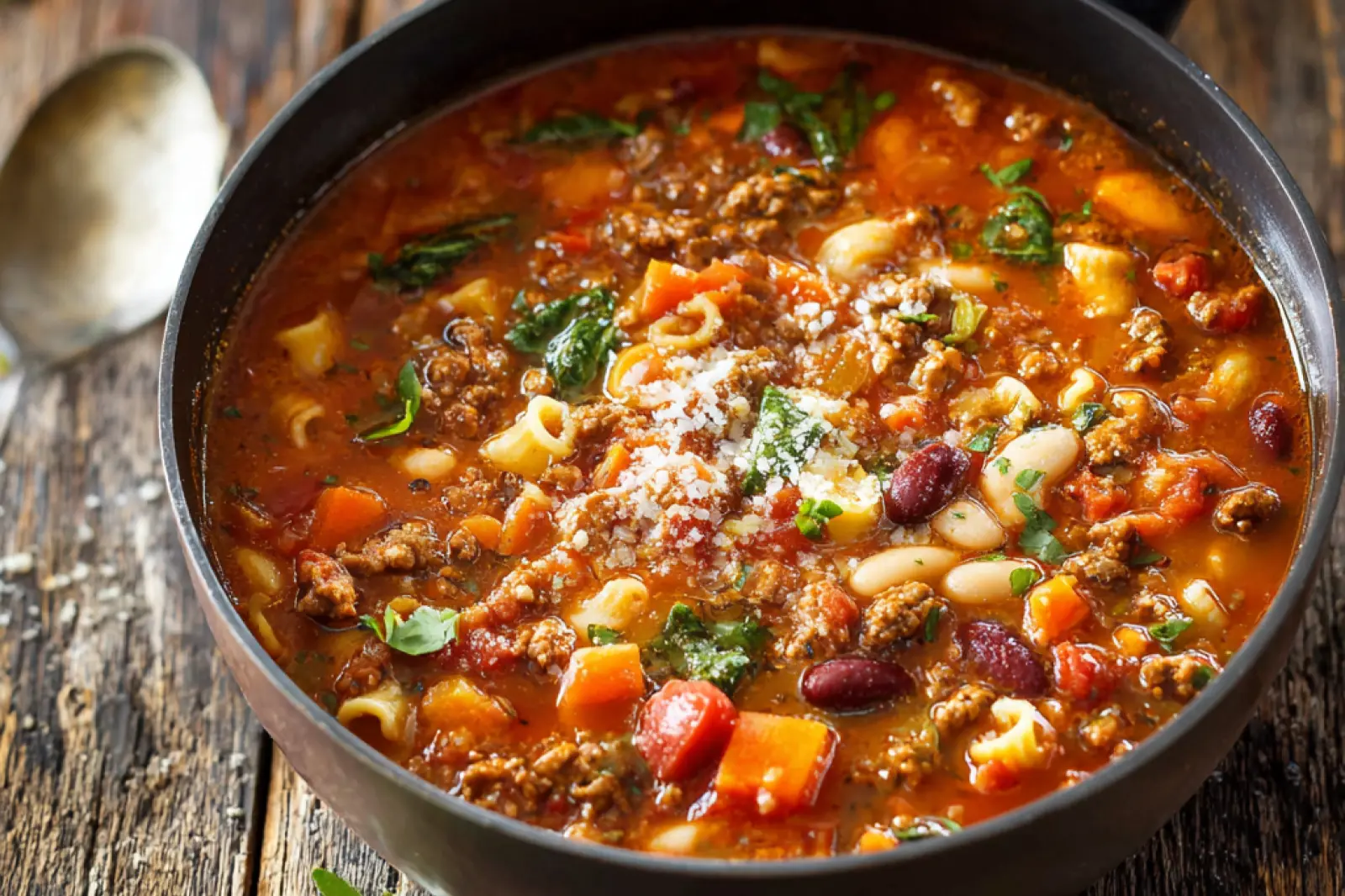 Pasta Fagioli Soup recipe, served and ready to eat, easy homemade dinner