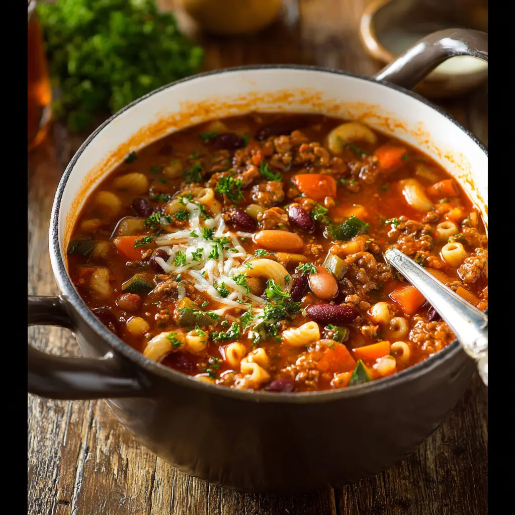 Pasta Fagioli Soup recipe, served and ready to eat, easy homemade dinner