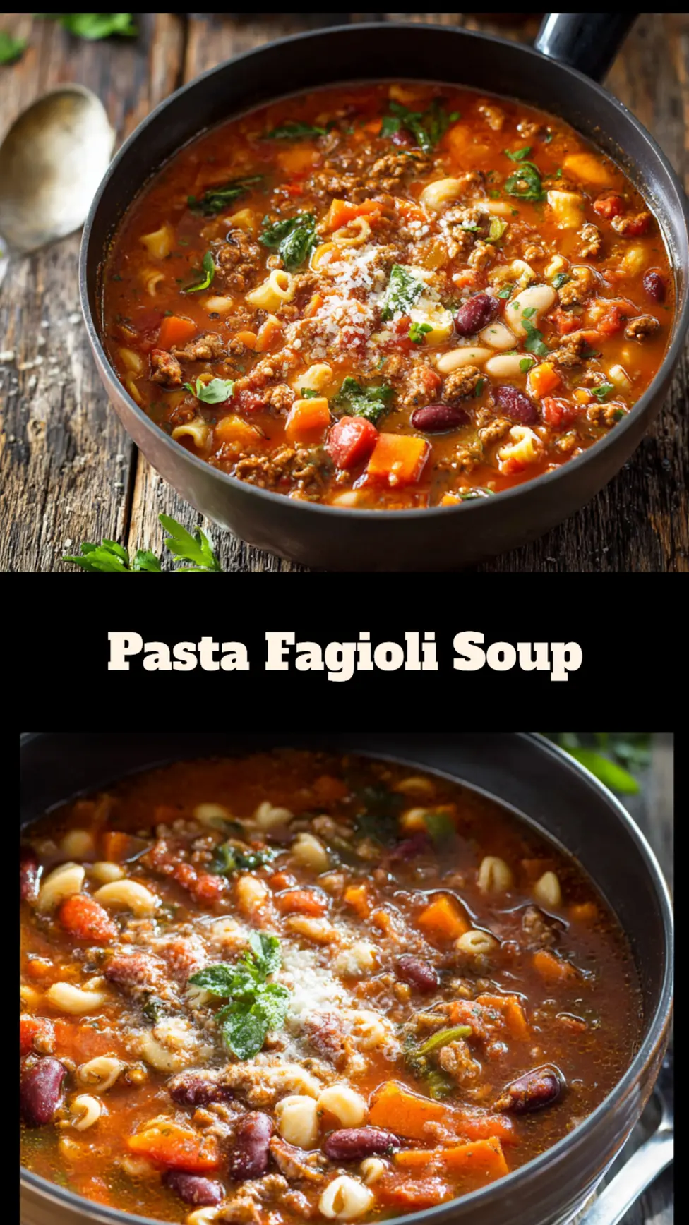 Pasta Fagioli Soup recipe, served and ready to eat, easy homemade dinner