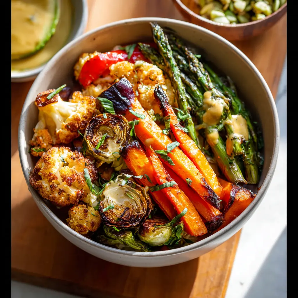 Roasted Vegetable Harvest Bowl recipe, served and ready to eat, easy homemade dinner