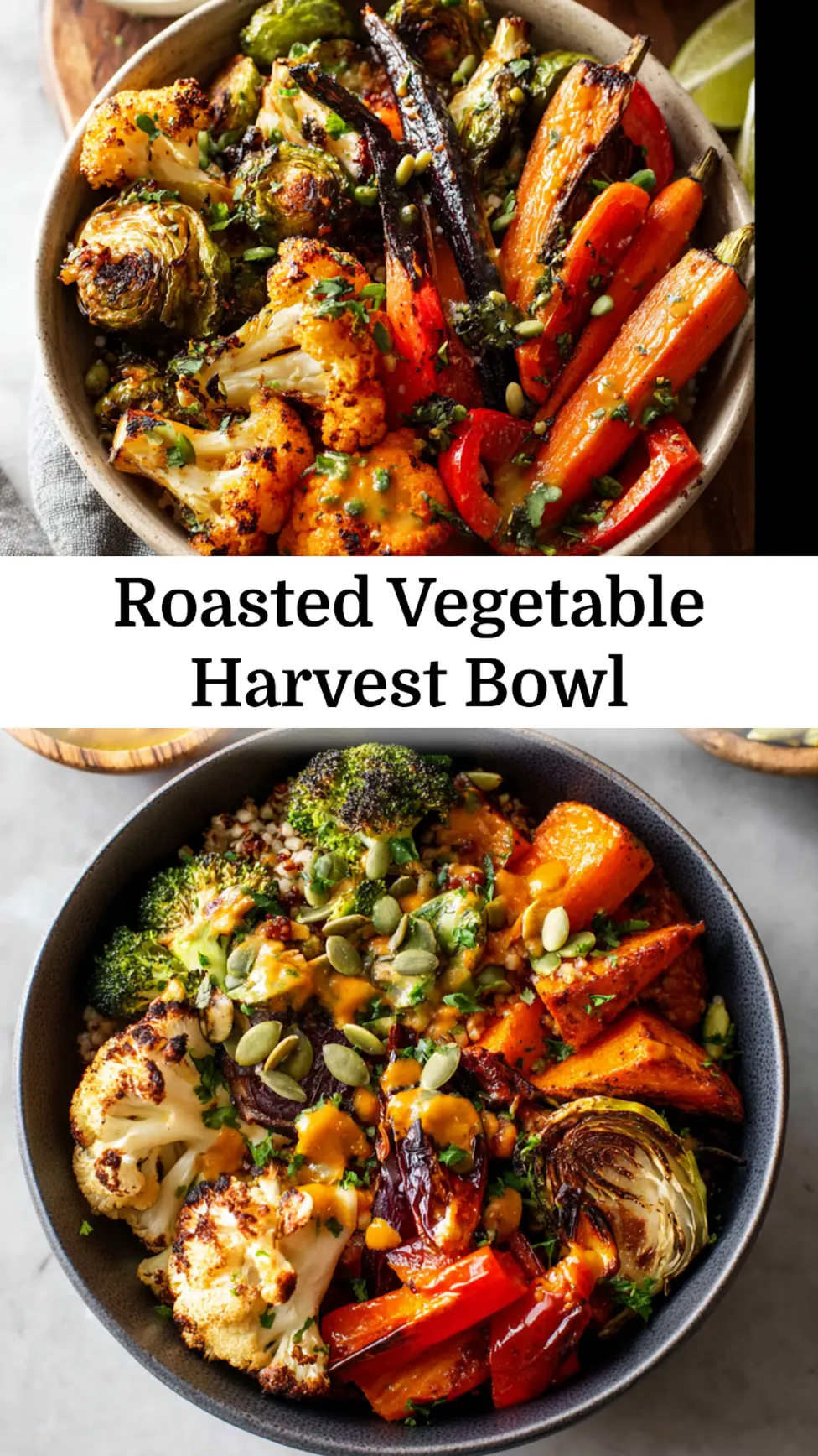 Roasted Vegetable Harvest Bowl recipe, served and ready to eat, easy homemade dinner_pin