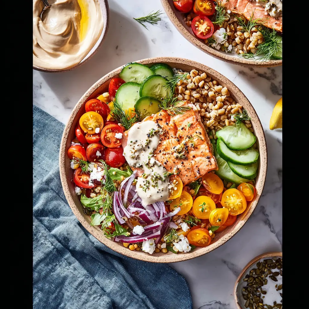 Salmon Farro Bowl Tahini recipe, served and ready to eat, easy homemade dish