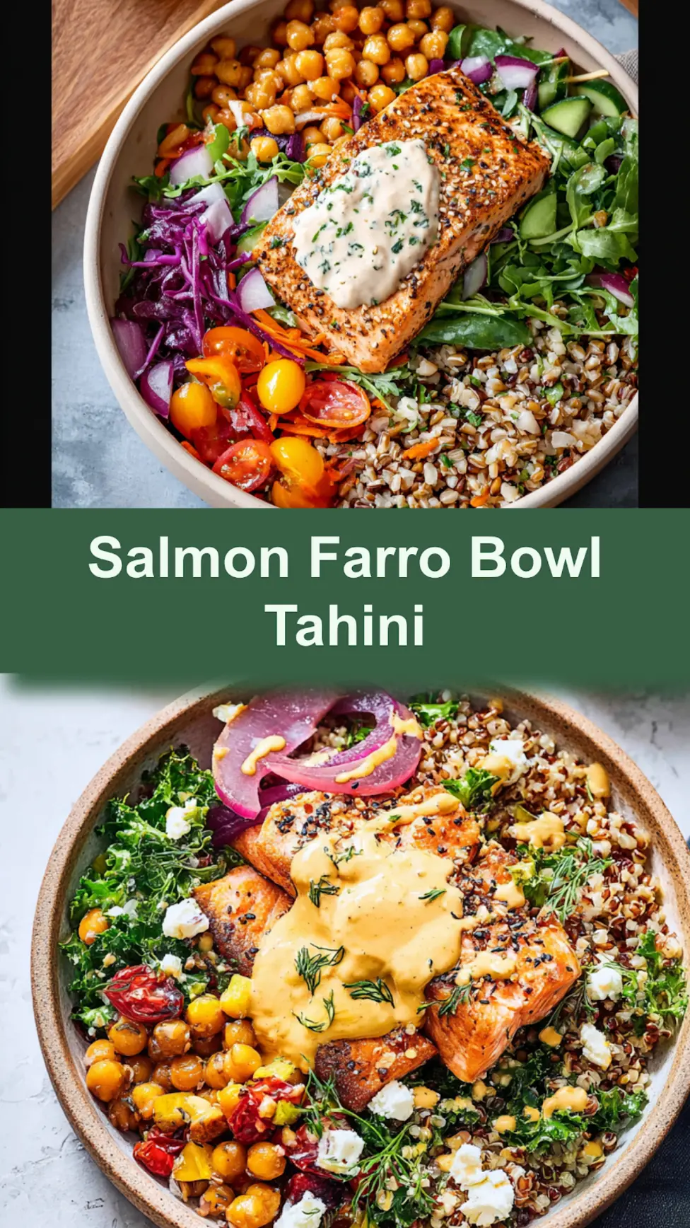 Salmon Farro Bowl Tahini recipe, served and ready to eat, easy homemade dish_pin