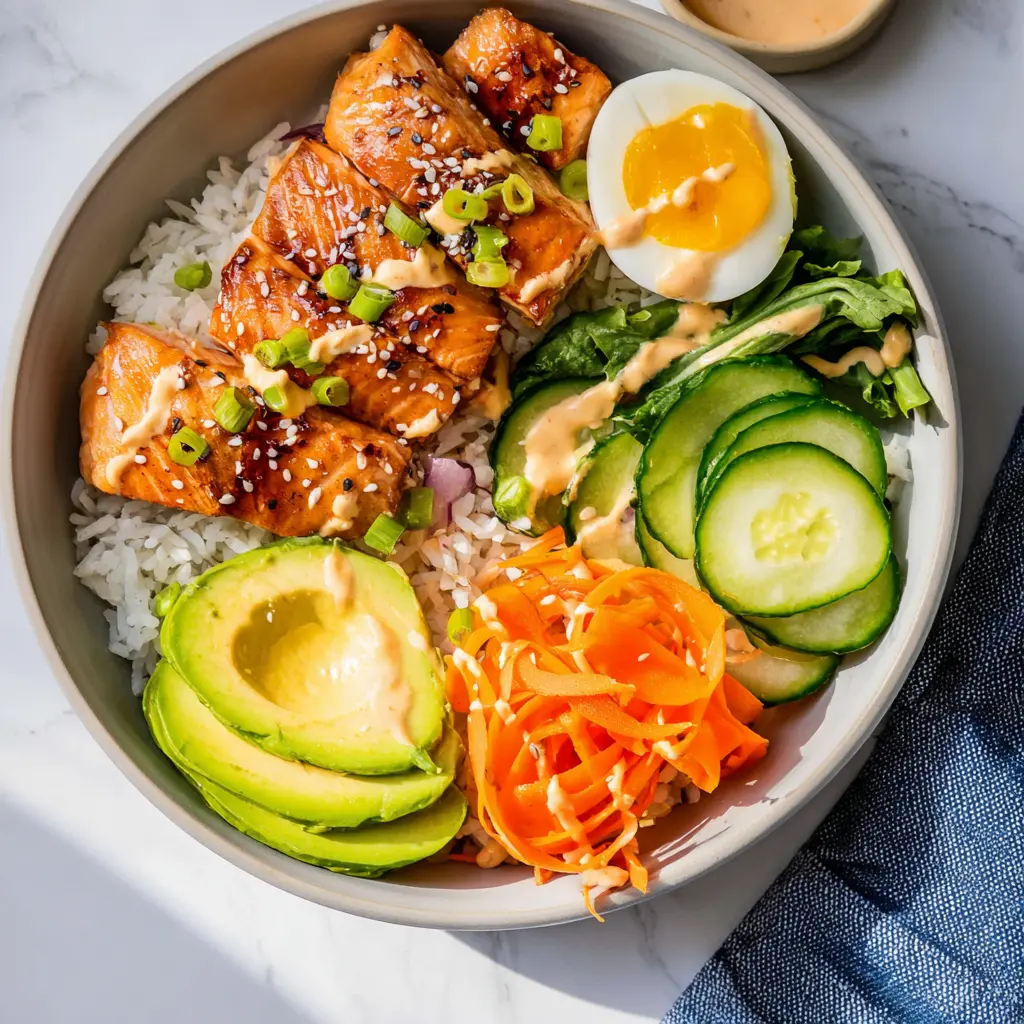Salmon nourish bowl with anti-inflammatory dressing, served and ready to eat
