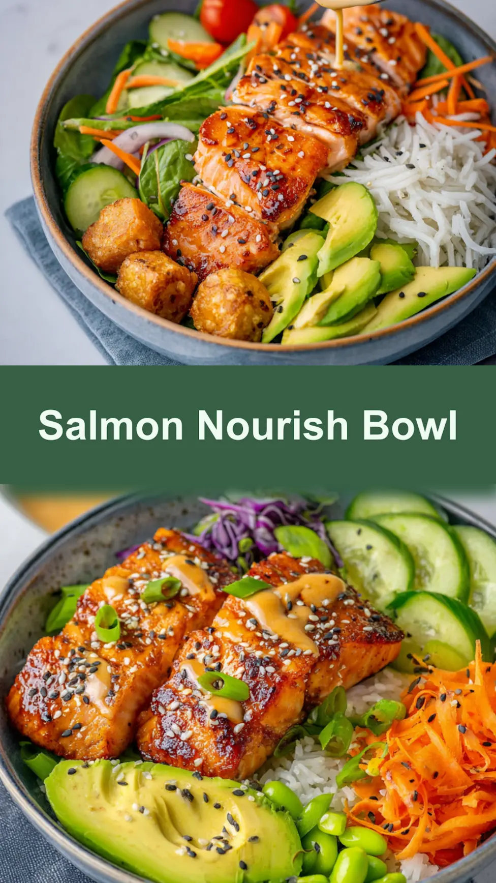 Salmon nourish bowl with anti-inflammatory dressing, served and ready to eat