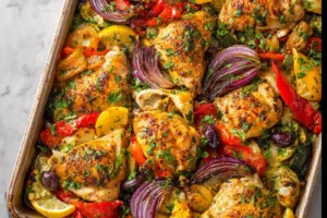 Sheet Pan Lemon Mediterranean Chicken recipe, served and ready to eat, easy homemade dinner