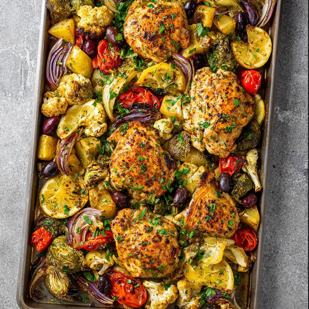 Sheet Pan Lemon Mediterranean Chicken recipe, served and ready to eat, easy homemade dinner