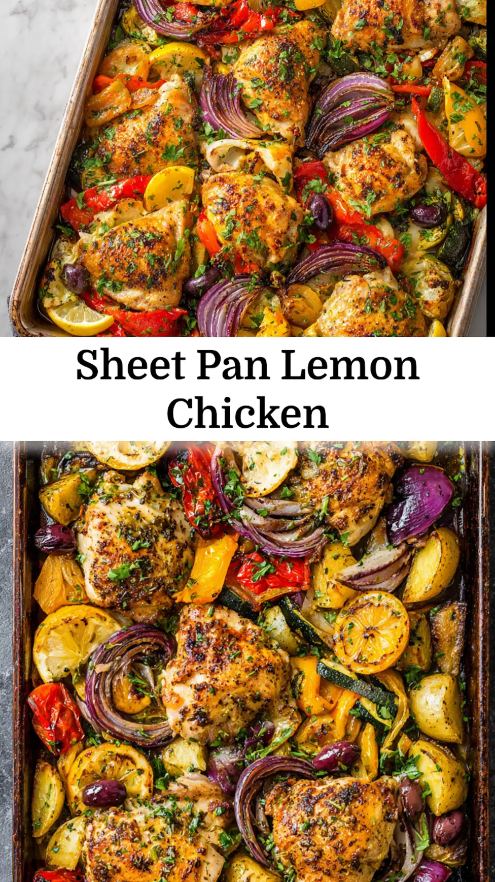 Sheet Pan Lemon Mediterranean Chicken recipe, served and ready to eat, easy homemade dinner