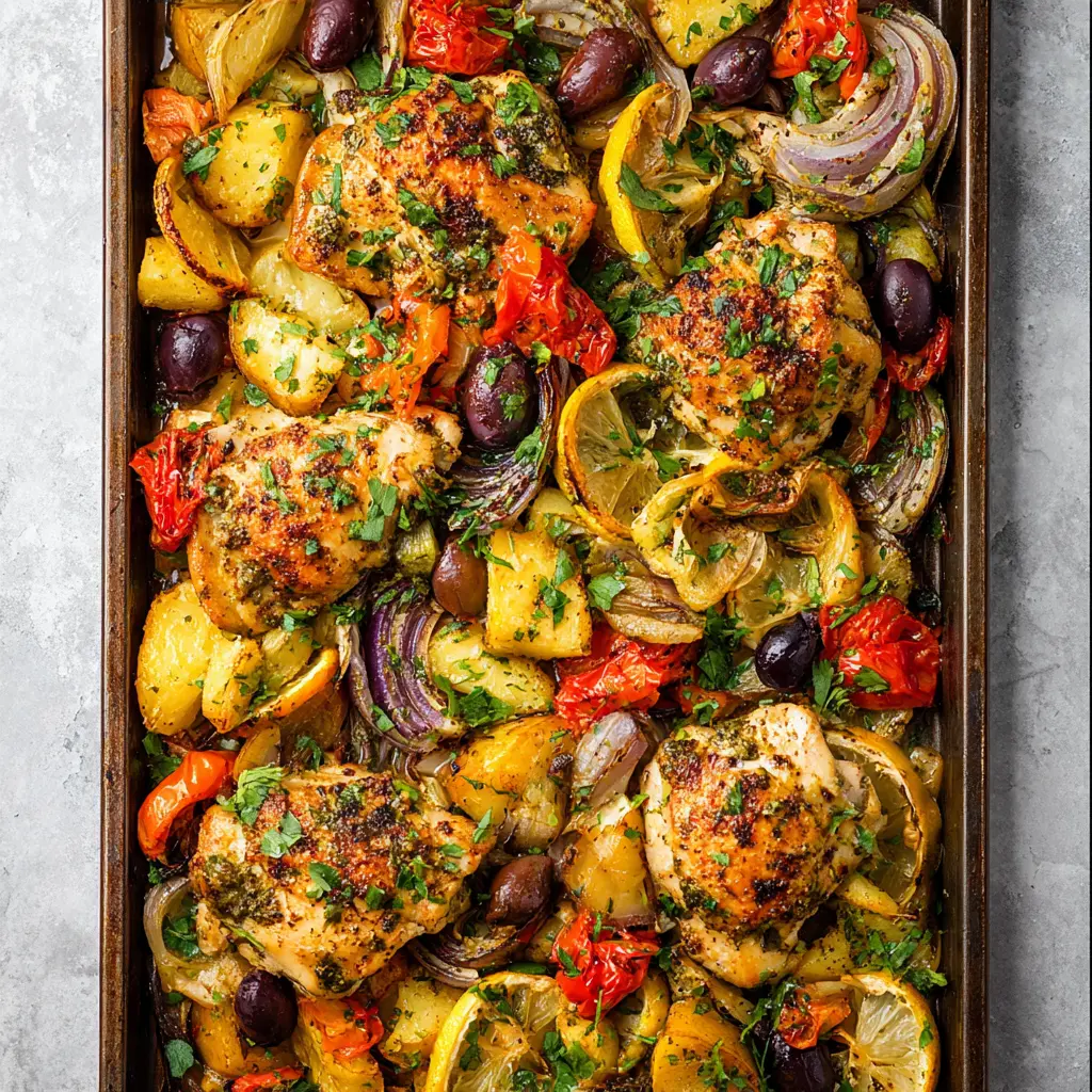 Sheet Pan Mediterranean Chicken Lemon recipe, served and ready to eat, easy homemade dinner