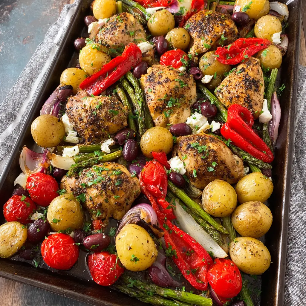 Sheet Pan Mediterranean Chicken and Vegetables recipe, served and ready to eat on a sheet pan