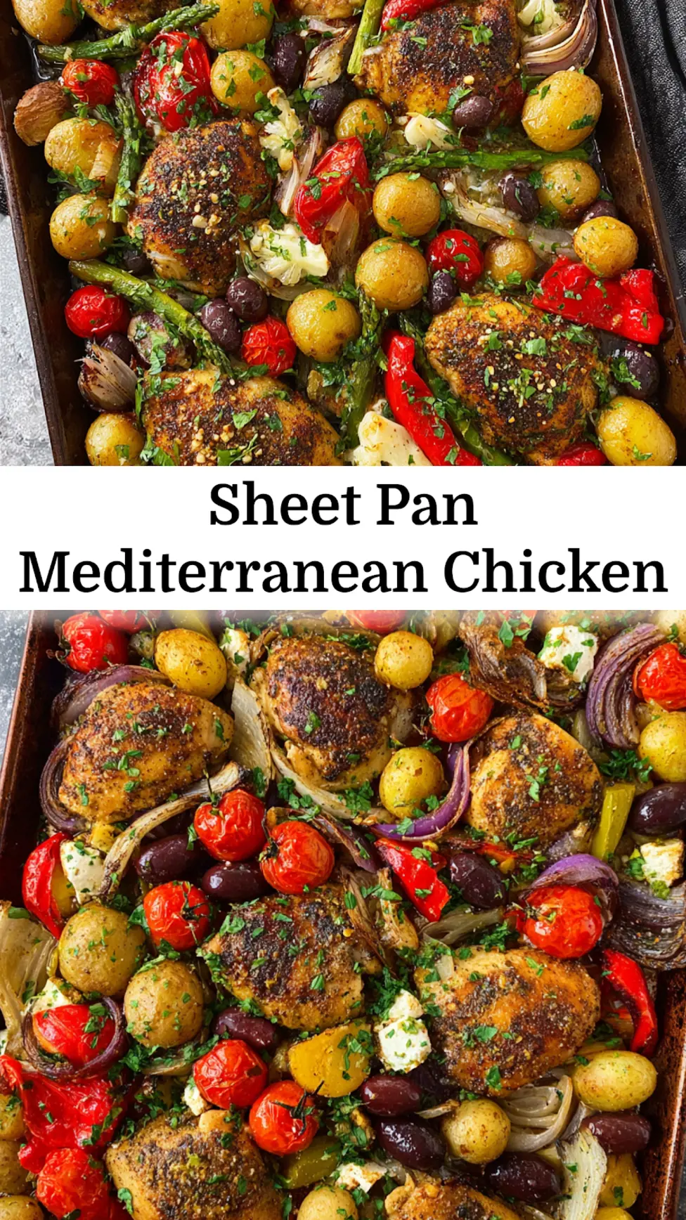 Sheet Pan Mediterranean Chicken and Vegetables recipe, served and ready to eat  easy homemade sheet pan dinner