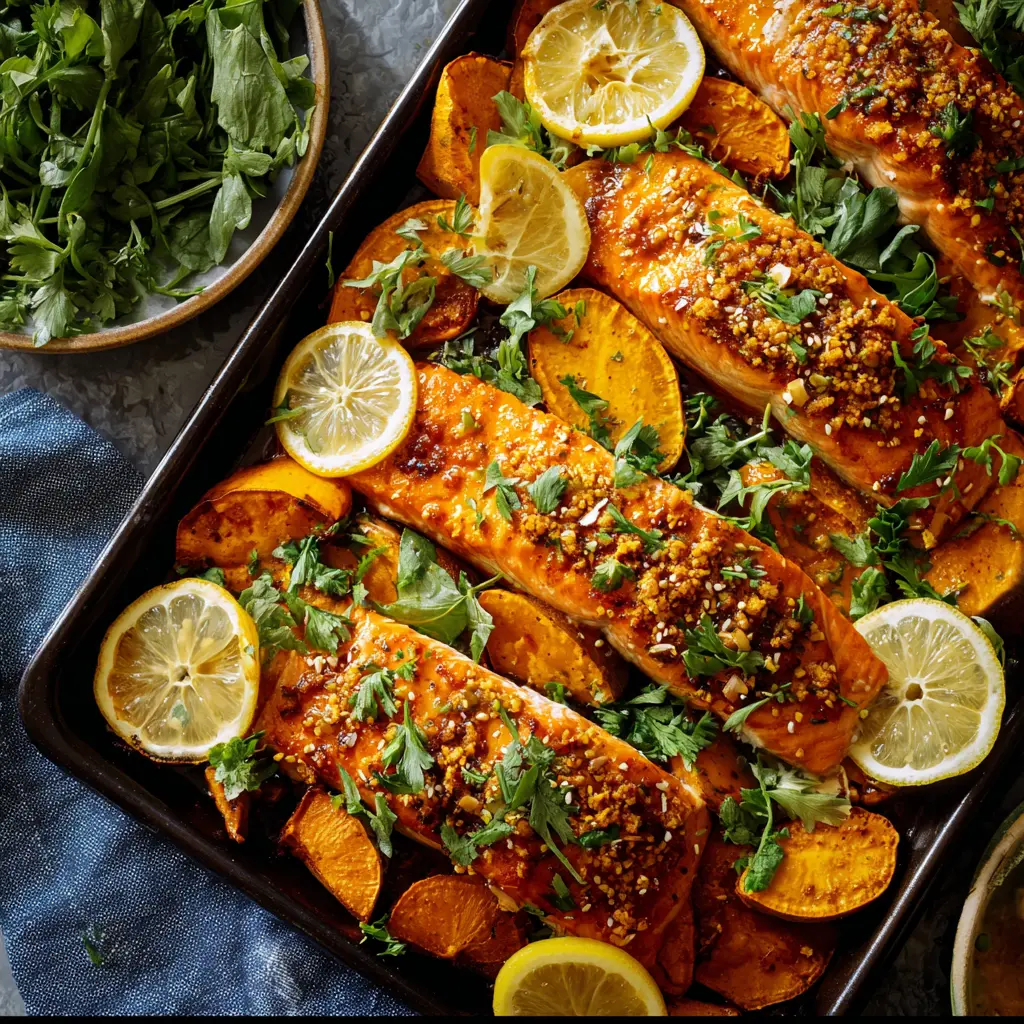 Sheet Pan Turmeric Salmon Sweet Potatoes Made Vibrant and Easy 3 Sheet Pan Turmeric Salmon Sweet Potatoes recipe, served and ready to eat, easy homemade dinner
