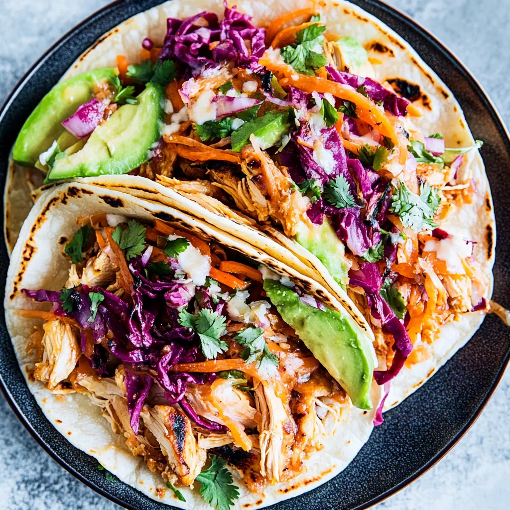 Slow cooker chicken tacos served on corn tortillas with cabbage slaw and avocado slices
