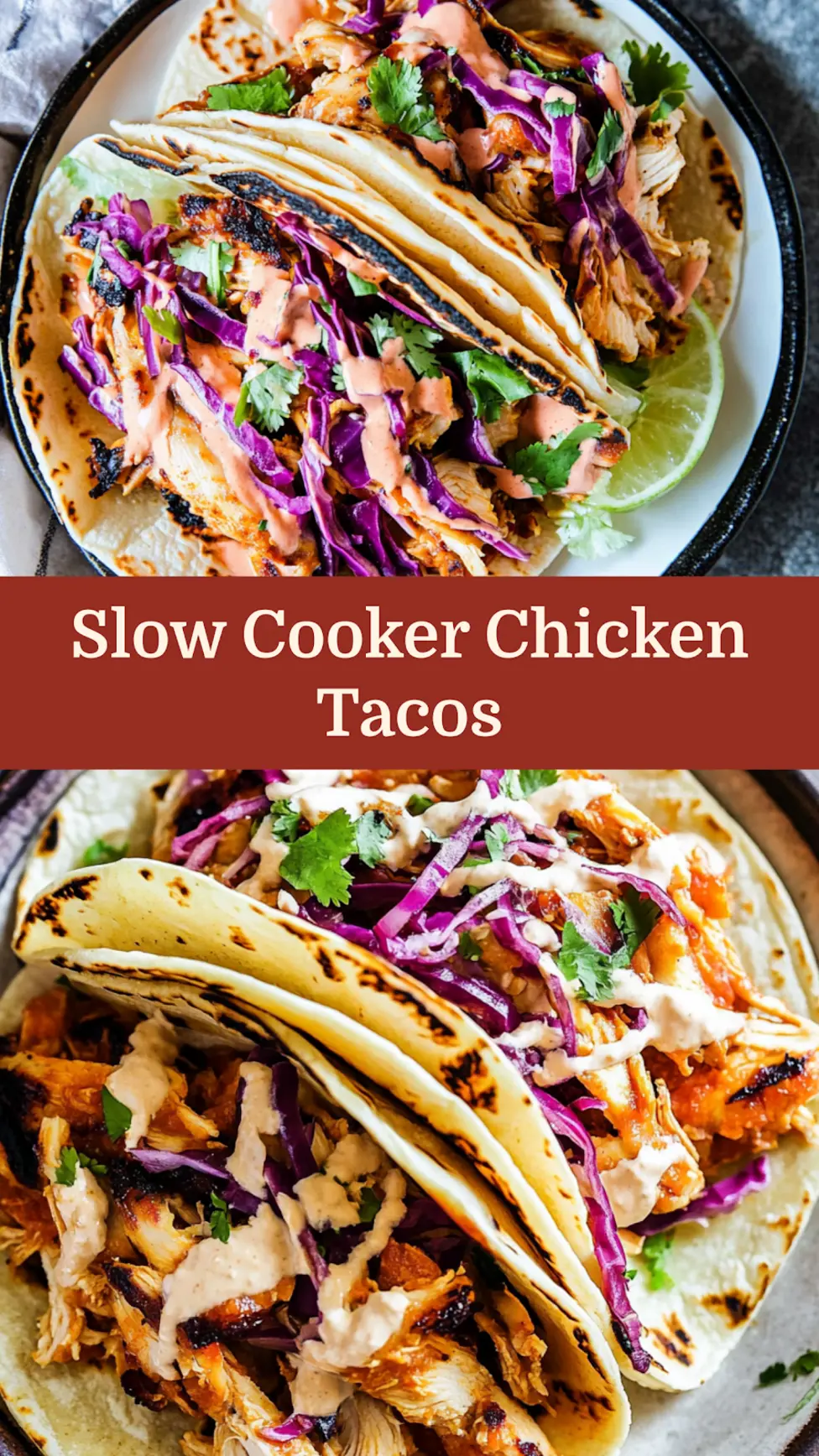 Pinterest pin for slow cooker chicken tacos recipe with colorful toppings