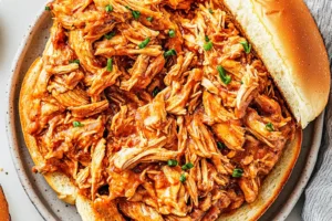 SLOW COOKER PULLED CHICKEN SANDWICHES recipe, served and ready to eat, easy homemade dinner