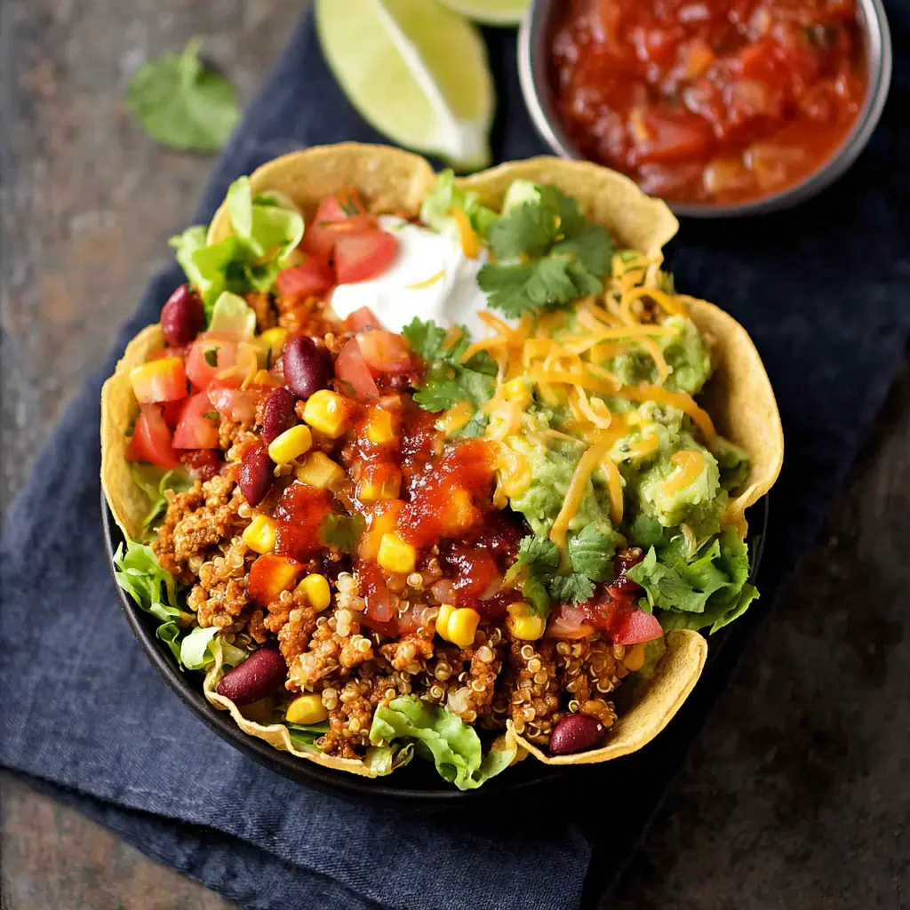 Smoky Taco Quinoa Bowl Chipotle recipe, served and ready to eat, easy homemade dinner