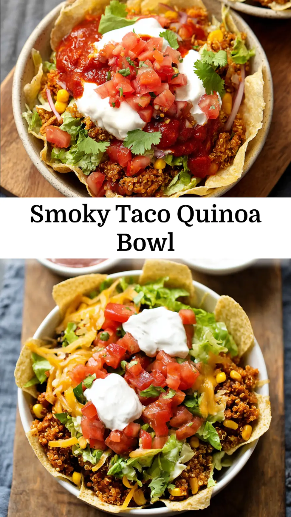 Smoky Taco Quinoa Bowl Chipotle recipe, served and ready to eat, easy homemade dinner_pin